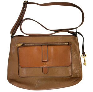 FOSSIL Kinley crossbody messenger shoulder bag purse brown pebbled leather M/L